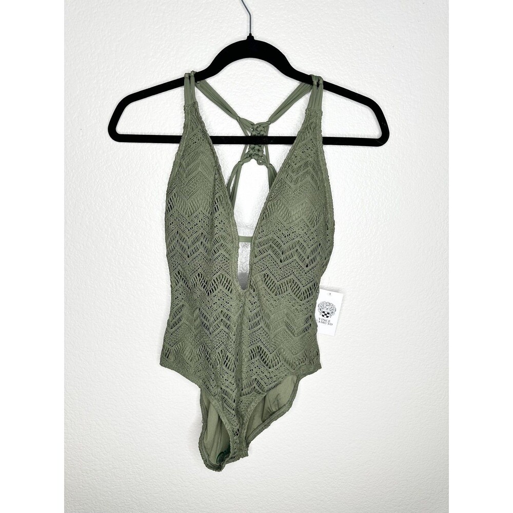 NEW Vince Camuto Swimsuit Womens 12 Green One Piece Crochet Strappy Back V90713